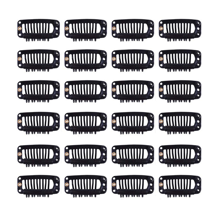 YANTAISIYU 24 pcs/lot 32mm 9-teeth Metal Wig Clips with Rubber Stopper, Invisible Hairpiece Wig Accessories Clips (Black)