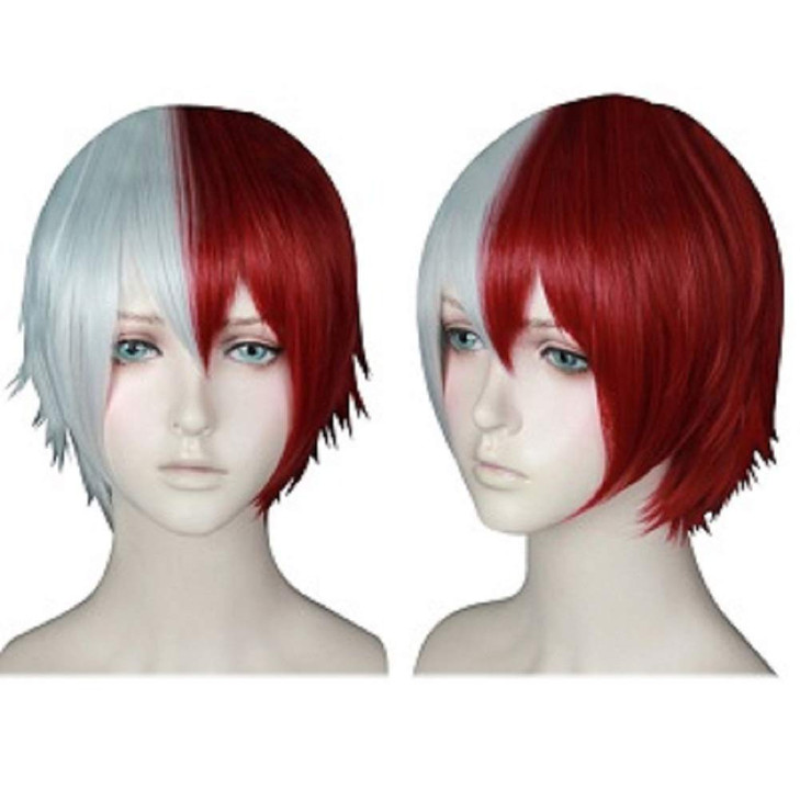 ANOGOL Hair Cap+ Half Red Half White Wigs Short Silver Cosplay Wig Mens Short White Wigs for Anime Cosplay Synthetic Hair Silver Mixed Red Costume Wi