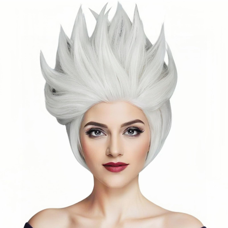 ANOGOL Hair Cap+Short Layered White with Slightly Grey Wig for Women Short White Sea Witch Wig Anime Cosplay Mad Scientist Hair for Halloween Party C