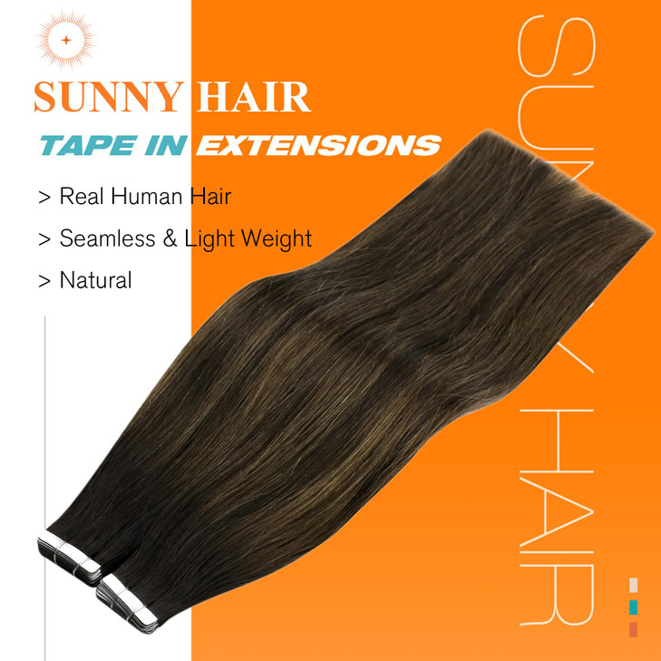 Sunny Hair Brown Tape in Hair Extensions Human Hair 14inch Remy Hair Extensions Tape in Balayage Human Hair Tape in Extensions 20Pcs 50g