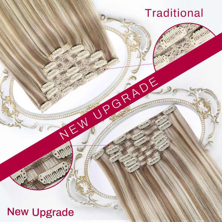 Moresoo Clip on Hair Extensions for Women Remy Double Weft Straight Balayage Short Hair Extensions Real Human Hair Clip ins Ombre Dark Brown with Che