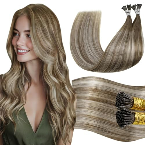 LaaVoo I Tips Hair Extensions Real Human Hair Balayage Light Brown Ombre Platinum Blonde 60s 50g/pack 16 in