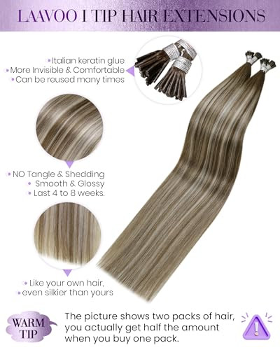LaaVoo I Tips Hair Extensions Real Human Hair Balayage Light Brown Ombre Platinum Blonde 60s 50g/pack 16 in
