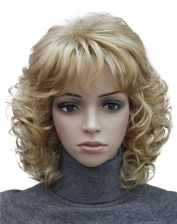 Kalyss Short Curly Wavy Blonde Wigs for Women Blonde Wig with Hair Bangs Heat Resistant Synthetic Hair Wigs 12 Inches