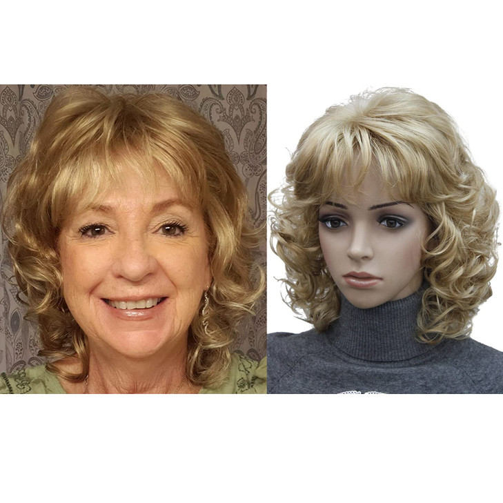 Kalyss Short Curly Wavy Blonde Wigs for Women Blonde Wig with Hair Bangs Heat Resistant Synthetic Hair Wigs 12 Inches