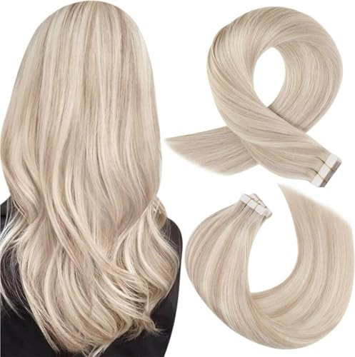 Moresoo Blonde Tape in Hair Extensions Human Hair Highlighted Hair Extensions Tape ins Human Hair Ash Mix with Bleach Blonde Tape in Extensions 24 In