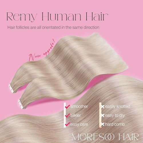 Moresoo Blonde Tape in Hair Extensions Human Hair Remy Hair Tape in Extensions Ash Blonde Mix with Bleach Blonde Tape ins Human Hair Extensions Strai