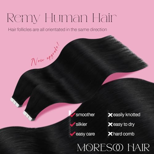 Moresoo Black Tape in Extensions Real Human Hair 24 inch Longer Tape in Extensions Seamless Tape ins Human Hair Extensions Black Remy Hair for Daily
