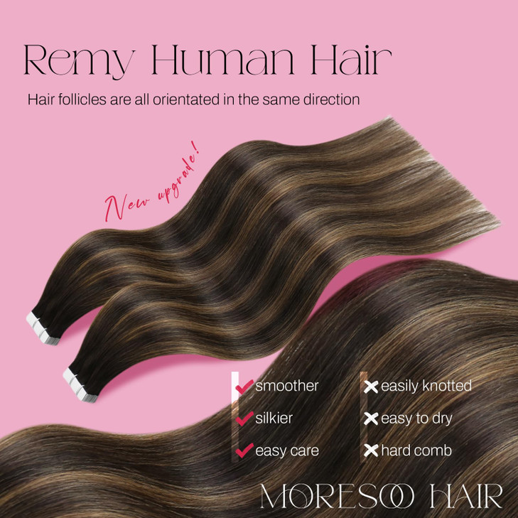 Moresoo Human Hair Tape in Extensions Brown Tape in Ombre Hair Extensions Balayage Darkest Brown Mix with Medium Brown Glue in Real Hair Seamless Hai
