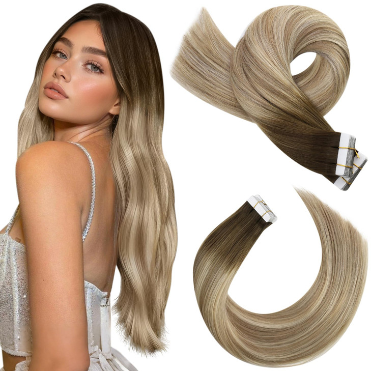 Moresoo Hair Extensions Tape in Human Hair Extensions Brown Balayage Tape in Extensions Real Hair Ombre Brown to Light Brown Mix with Blonde Glue in