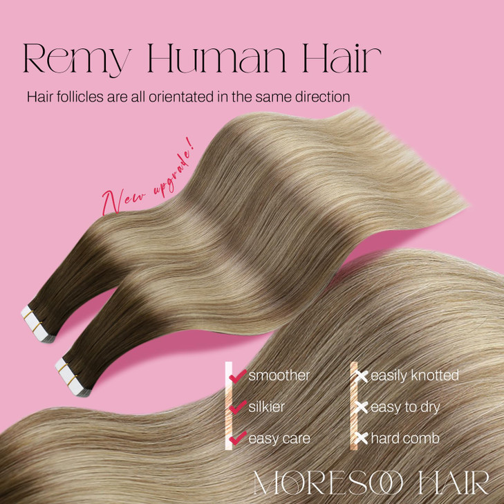 Moresoo Hair Extensions Tape in Human Hair Extensions Brown Balayage Tape in Extensions Real Hair Ombre Brown to Light Brown Mix with Blonde Glue in