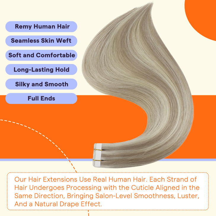 Full Shine Tape in Hair Extensions Human Hair 18 Ash Blonde Highlight 613 Blonde Double Sided Tape Extensions 12 Inch Invisible Straight Hair Extensi