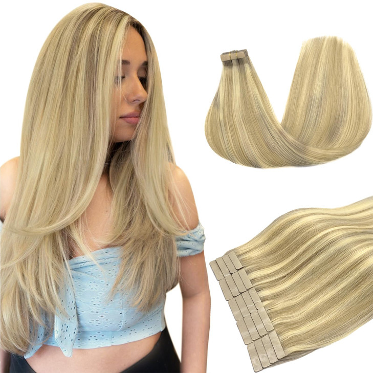 DOORES Tape in Human Hair Extensions Balayage Light Blonde Highlighted Golden Blonde 20pcs 50g Silky Straight Real Hair Extensions Tape in Skin Weft