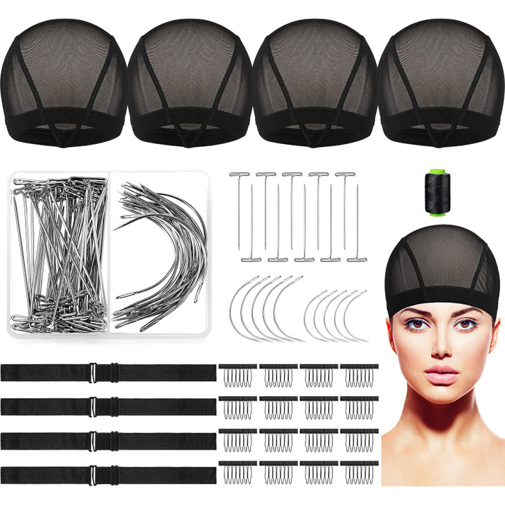 Wig Caps for Women 95 Pcs Wig Making Kit Stretchable Mesh Dome Cap Black Hair Weaving Thread T/C Needles Combs and Adjustable Elastic Bands