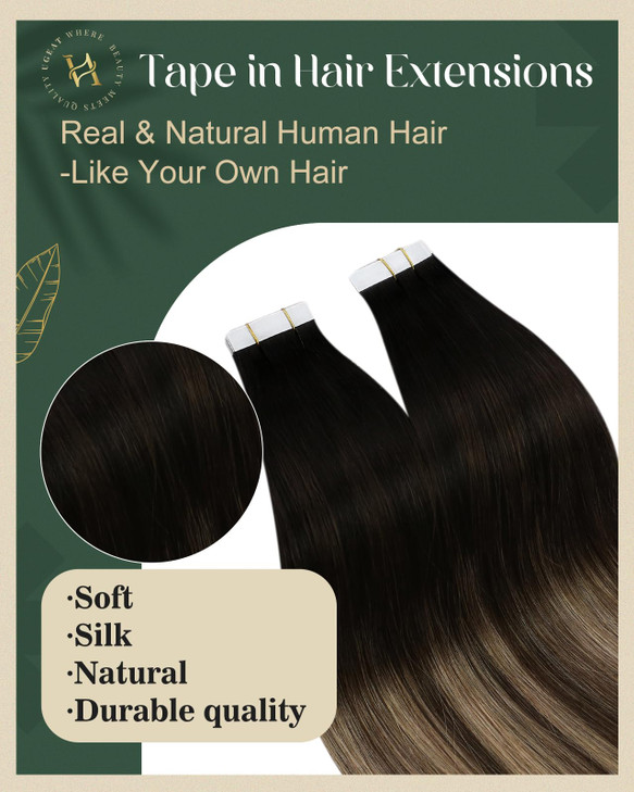 Ugeat Tape in Hair Extensions Human Hair Ombre Human Hair Tape in Extensions Balayage Black Ombre Dark Brown Mix Caramel Brown Invisible Tapes in Ext
