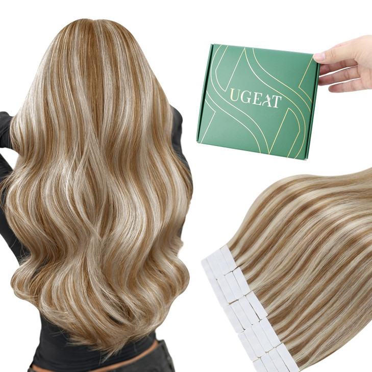 Ugeat Tape in Human Hair Extensions Highlight Remy Human Hair Extensions Tape in Bleach Blonde Highlights Golden Blonde Invisible Tapes in Extension