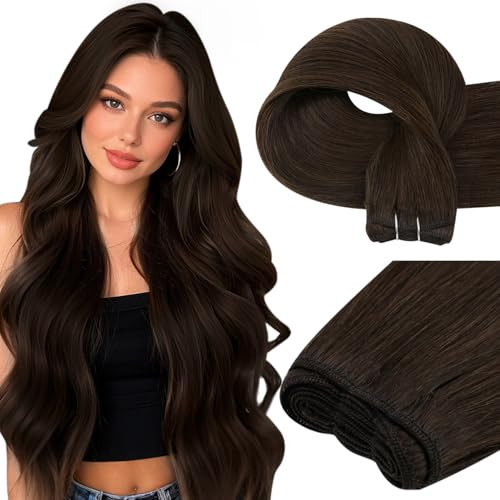 Easyouth Sew in Hair Extensions Real Human Hair Brown Weft Hair Extensions Human Hair Darkest Brown Short Straight Hair Extensions Sew in for Short H
