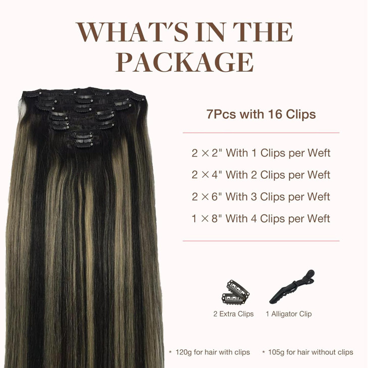 GOO GOO Clip in Hair Extensions Real Human Hair, Remy Human Hair Extensions Clip ins for Women, Natural Human Hair, 16inch 120g 7Pcs, 1B/16/1B Balaya