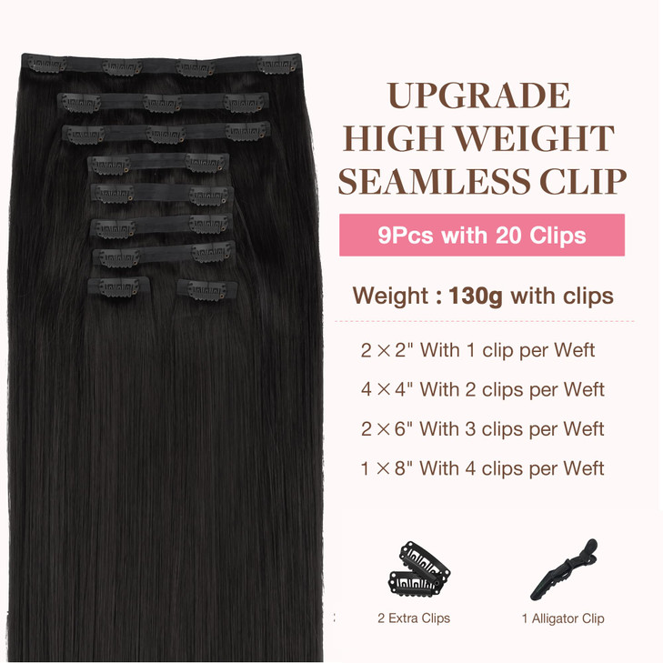GOO GOO Clip in Hair Extensions Real Human Hair, Remy Human Hair Extensions Clip ins for Women, Natural Human Hair, 14inch 130g 9Pcs, 1B Natural blac