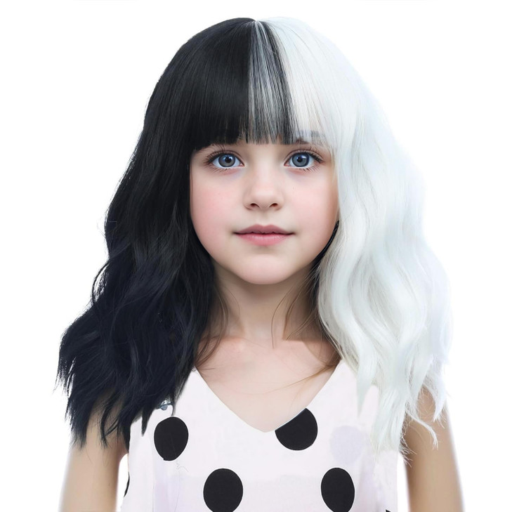 DUDUWIG Black White Split Wig for Kids Girls Short Half Black Half White Wig With Bangs Black Child White and Black Wigs Cosplay Halloween Wigs