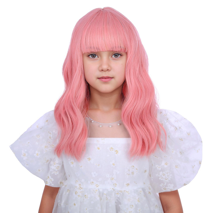 DUDUWIG Girls Pink Wig with Air Bangs Kids Short Lovely Pink Wavy Curly Wigs Child Light Pink Synthetic Cosplay Hair