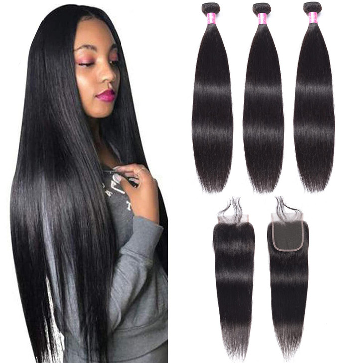 FQ Straight Human Hair Bundles with Closure(24 26 28+20) Peruvian Unprocessed Virgin Human Hair 3 Bundles with 4x4 Closure Straight Human Hair Weave