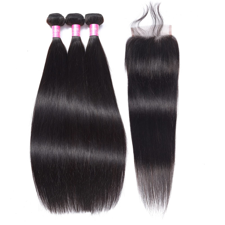 FQ Straight Human Hair Bundles with Closure(24 26 28+20) Peruvian Unprocessed Virgin Human Hair 3 Bundles with 4x4 Closure Straight Human Hair Weave