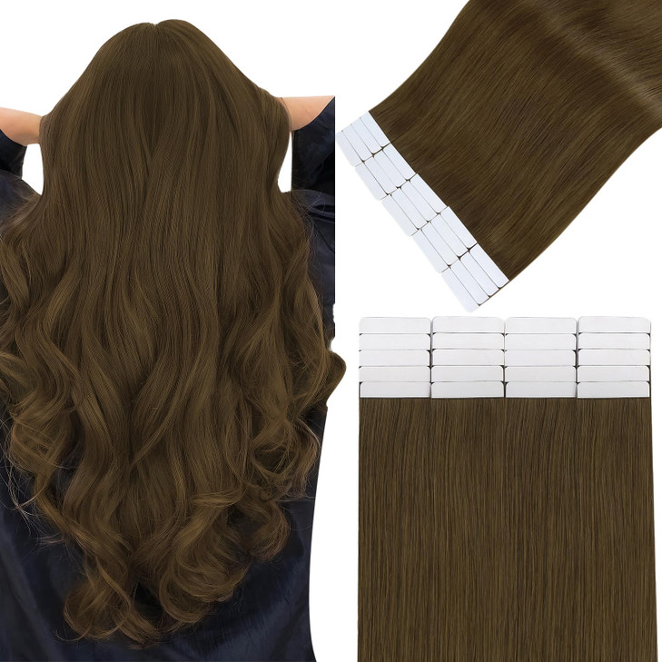 Easyouth Tape ins Human Hair Extensions Medium Brown Tape in Extensions Brown 14 Inch 20pcs Hair Extension Real Human Hair Tapes in for Beginners
