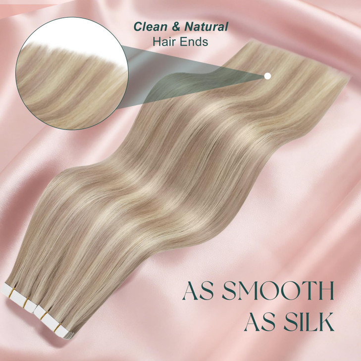 Easyouth Tape in Hair Extensions Highlight Tape in Hair Extensions Human Hair Ash Blonde Highlight Light Blonde Straight Real Human Hair Tapes in Ext