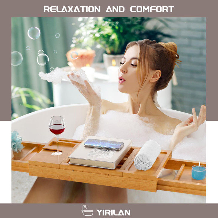 Yirilan Lux Expandable Bathtub Tray Caddy with 3 Bath Bombs-Self Care and Relaxation Birthday Gifts for Women and Men, Housewarming Gift Idea, for Mo