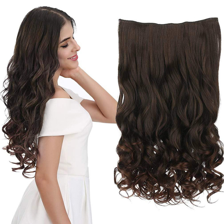 REECHO 20" 1-pack 3/4 Full Head Curly Wave Clips in on Synthetic Hair Extensions HE008 Hair pieces for Women 5 Clips 4.5 Oz Per Piece - Dark Reddish