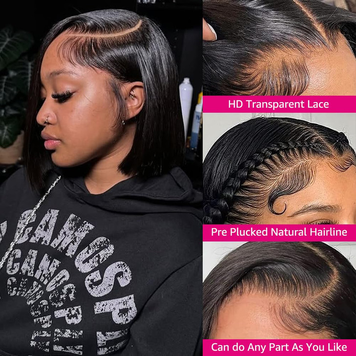 13x4 Lace Front Straight Short Bob Wigs Human Hair 150% Density Brazilian Virgin Straight Bob Wigs for Black Women Glueless Human Hair Bob Wigs Pre P