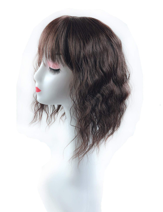 Water Wavy Hair Crown Piece Clip in Middle Part Topper with Choppy Fringe Thin/35cm, Dark Brown