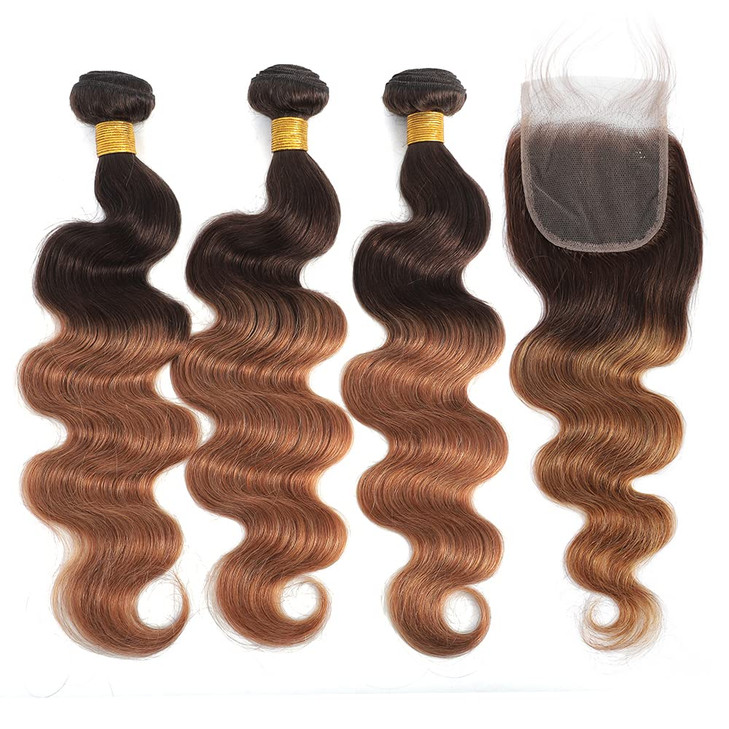 Body Wave Bundles With Closure Human Hair 2 Tone Ombre Hair 3 Bundles with 4x4 Lace Closure Brazilian Virgin Hair Bundle Body Wave Human Hair Bundles