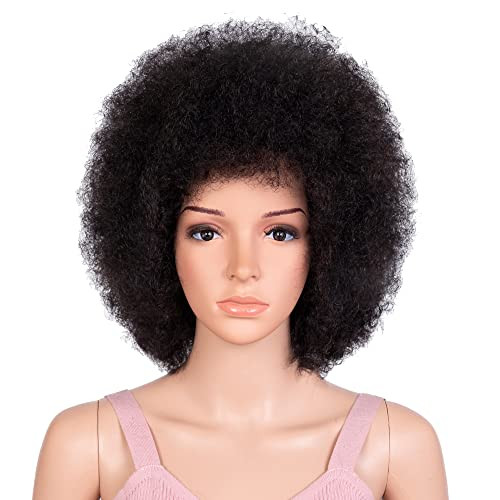 JOEDIR HAIR Afro Wigs for Black Women Human Hair Short Afro Kinky Curly Wig 8 Inch Natural Black Large Afro Wigs (Color:1B)