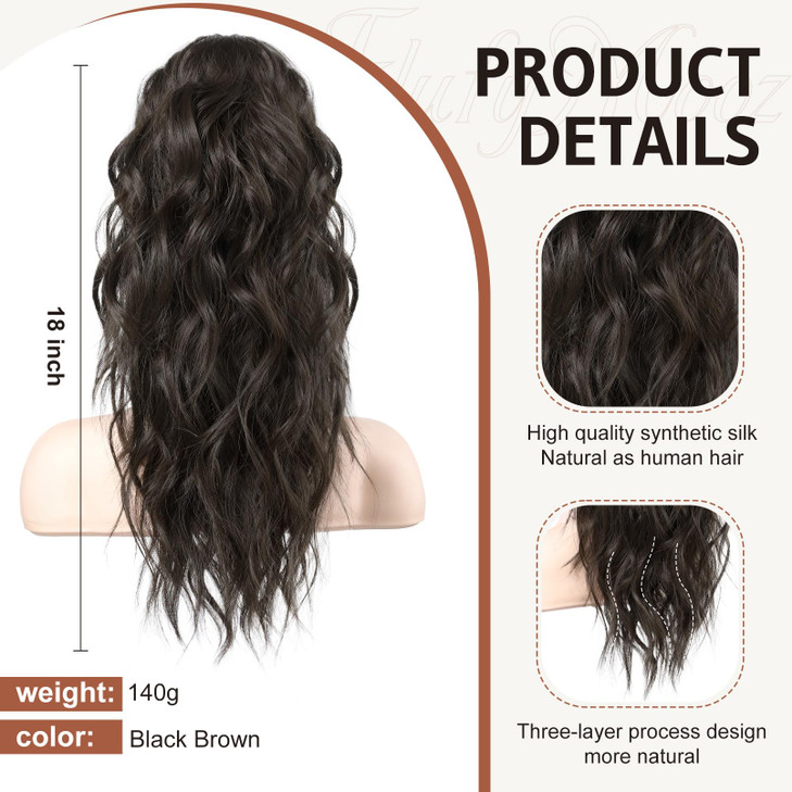 FLUFYMOOZ Ponytail Extension, 18 Inch Claw Clip Ponytail Extension, Wavy Curly Claw Clip in Ponytail Hair Extensions, Natural Fake Ponytail Synthetic