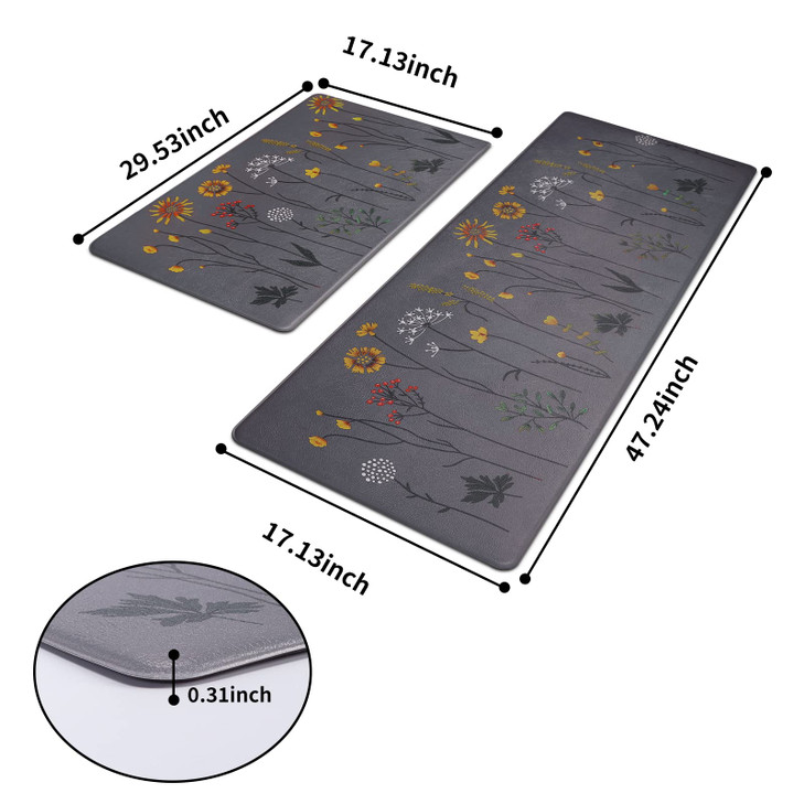 Rempry Kitchen Rugs and Mats Set of 2, Colorful Flowers Kitchen Mats for Floor, Non Slip Cushioned Anti-Fatigue Floor Mats for Kitchen Sink Office, 1