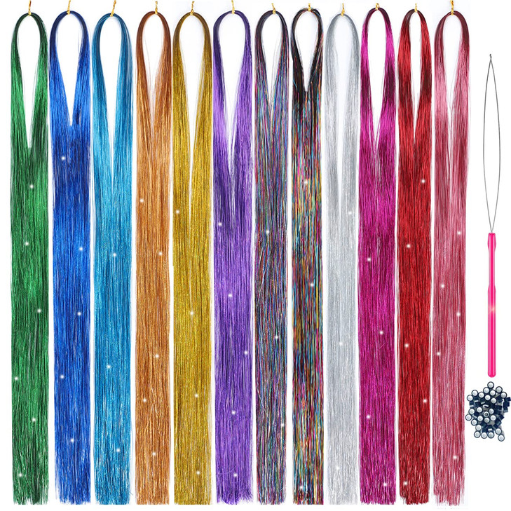 Hair Tinsel kit Fairy Hair Tinsel Kit 47 Inch Hair Extensions Hair Tinsel Kit Strands with Tool 12 Colors 2280 Strands Sparkling Glitter Fairy Hair T