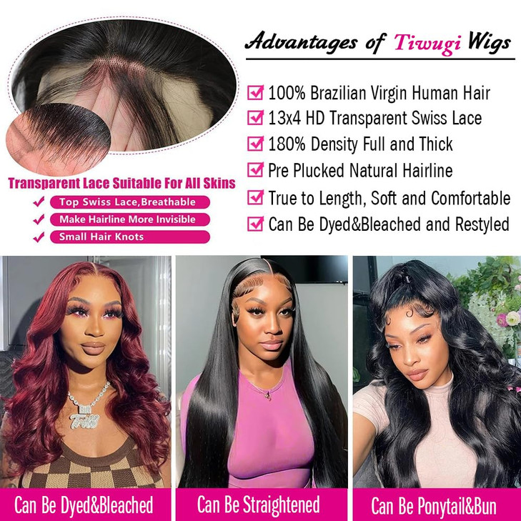 Tiwugi 28 Inch Body Wave Lace Front Wigs Human Hair 13x4 HD Lace Front Wigs Human Hair Pre Plucked Body Wave Glueless Frontal Wigs Human Hair 180% De