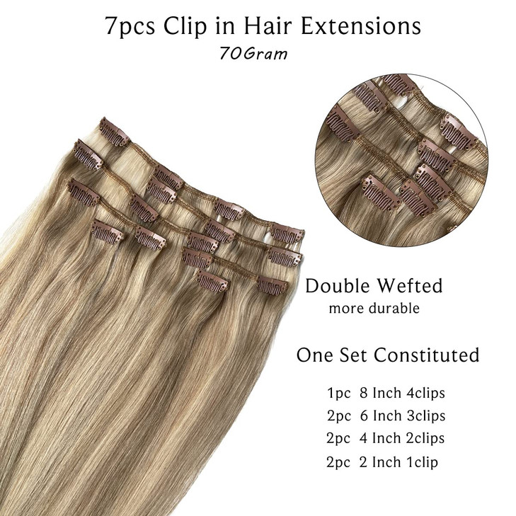 Human Hair Clip in Extensions Ash Blonde Balayage Blonde Highlights Clip in Hair Extensions Real Human Hair 7pcs 70G 22 inch Long Straight Double Wef