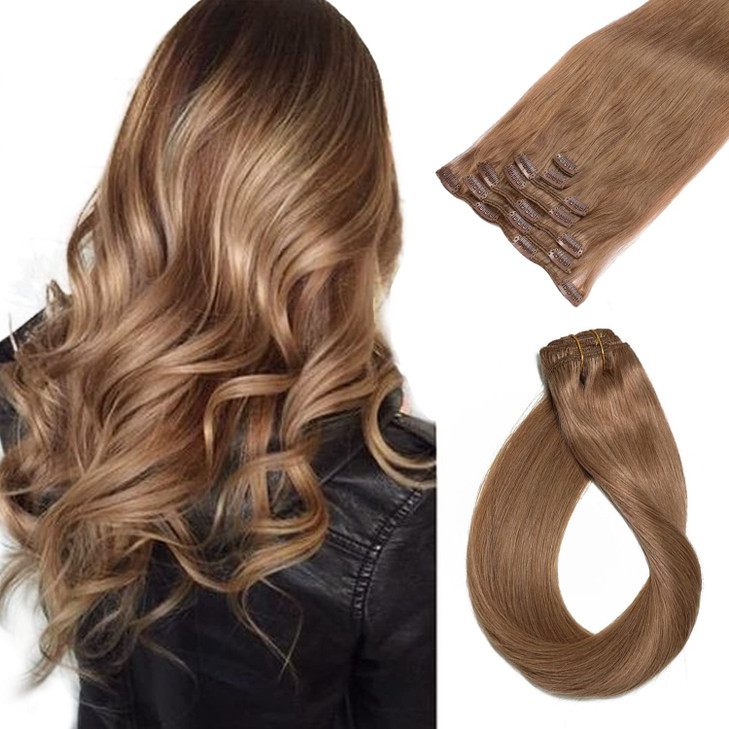 Clip in Human Hair Extensions 7A Grade 70 Gram 7 Pieces Silky Straight Weft Golden Brown Remy Hair Extensions Clip in Real Hair Seamless Clip on Exte