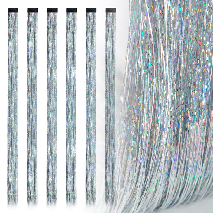 19.7 Inch Clip In Hair Tinsel Fairy Hair Tinsel Kit Clips Clip On Glitter Hair Tinsel Extensions Silver