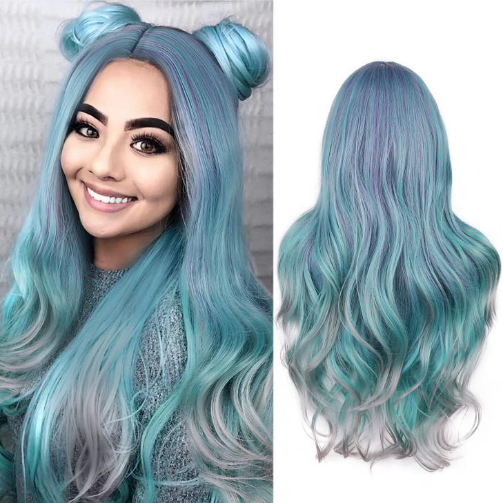 WIGER Long Wavy Rainbow Wigs Bluish Green Long Curly Hair Middle Part Multi-Color Wigs Synthetic Mermaid Wig 28 Inch Heat Resistant Full Wig for Dail