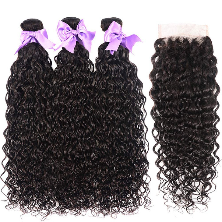 8A Brazilian Virgin Human Hair Water Wave Bundles With Closure 100% Unprocessed Wet and Wavy Deep Curly 3 Bundles With Lace Closure Ocean Wave Remy H