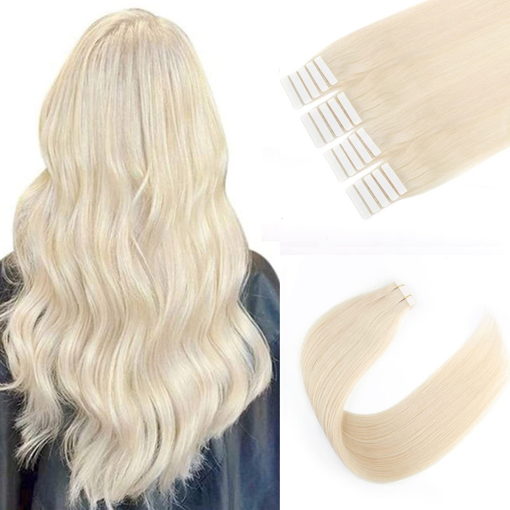 Sixstarhair 50g Tape in Hair Extensions Blonde Hair Extensions Color 60 Ash Blonde Natural Human Hair Extensions Platinum Tape In Extensions For Salo