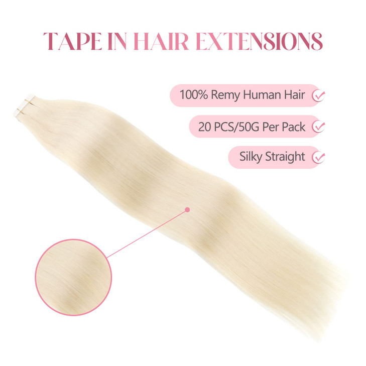 Sixstarhair 50g Tape in Hair Extensions Blonde Hair Extensions Color 60 Ash Blonde Natural Human Hair Extensions Platinum Tape In Extensions For Salo