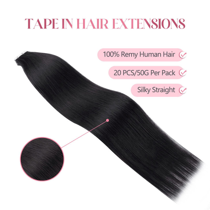 Sixstarhair Jet Black Tape In Hair Extensions Human Hair 20 Pieces Natural Black Hair Extensions Made of 100 Remy Human Hair and Double Side Tape [Co