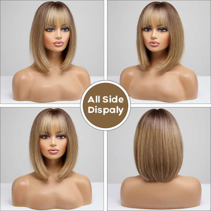 EMMOR Ombre Brown Bob Wig with Bangs 15" Short Bob Wigs for Women Heat Resistant Synthetic Wig Natural Looking for Daily Use(Ombre Brown)