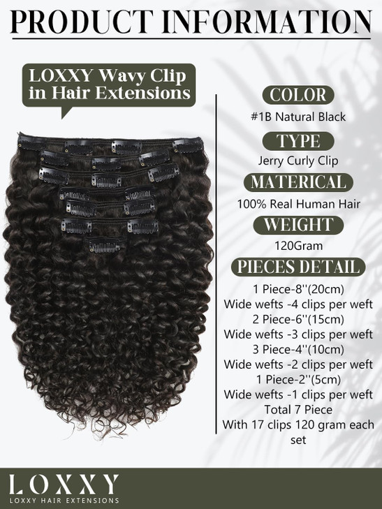 Loxxy Curly Clip in Hair Extensions 18inch 3B 3C Type Natural Black Curly Hair Extensions Clip in Human Hair for Black Women Double Weft Full Head Re