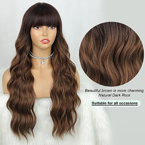 AISI QUEENS Ombre Brown Wig with Bangs Long Wavy Brown Wigs with Dark Root Ombre Synthetic Heat Resistant Wigs for Women Daily Party Wear